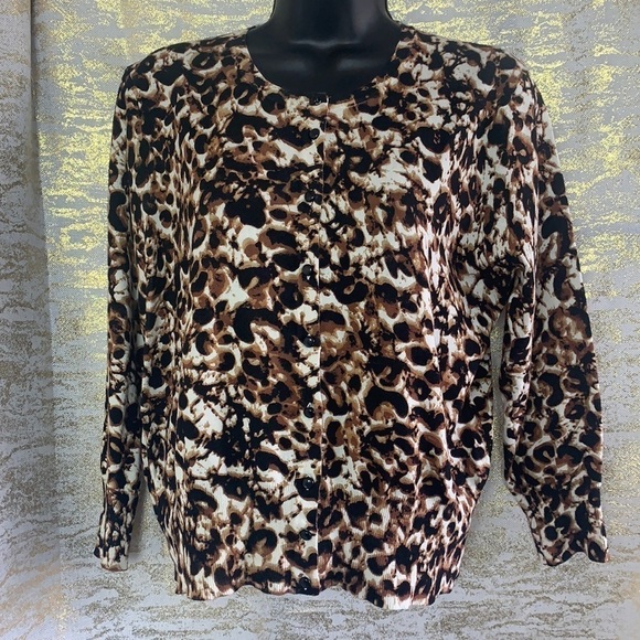 Cable&Gauge Brown/Cream Animal Print Cardigan/Sweater Size L - Picture 3 of 12